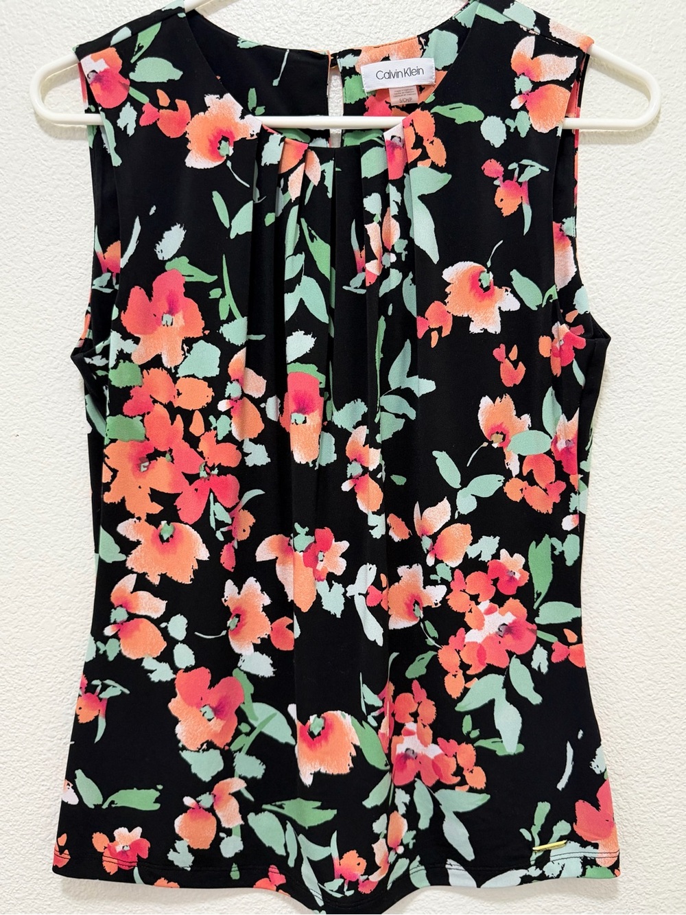 Calvin Klein black floral sleeveless blouse, size small